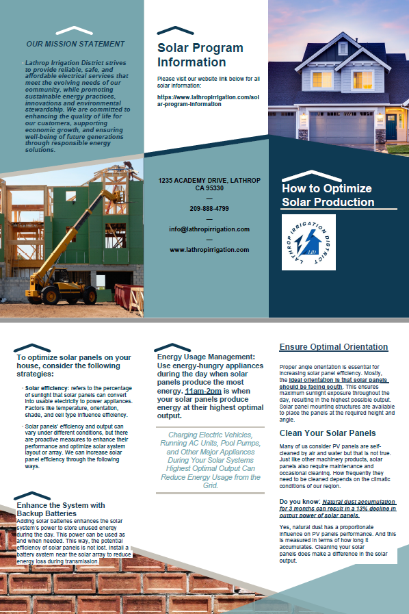 Brochure for Lathrop Irrigation District's solar program, featuring contact info, solar efficiency tips, and energy management advice.