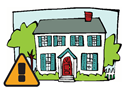 A cartoon house with blue shutters, trees, and a warning sign with an exclamation mark in a yellow triangle.