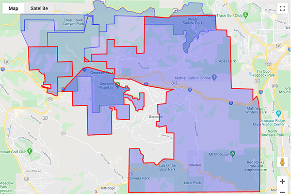 A map showing a highlighted area with a red outline, shaded in blue, over a geographic region with parks and roads labeled.
