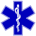 Blue Star of Life symbol with a white Rod of Asclepius in the center.
