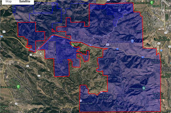A satellite map with outlined regions, including Genesee Mountain, parks, and landmarks. Red and blue borders mark different areas.