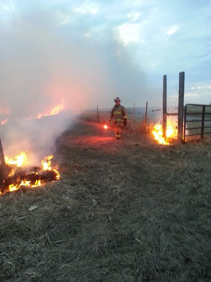 Firefighter walking near a controlled grass fire with smoke and flames visible.