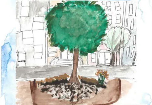 A vibrant tree stands in a cityscape, surrounded by soil and flowers, evoking a sense of nature amidst urban life.