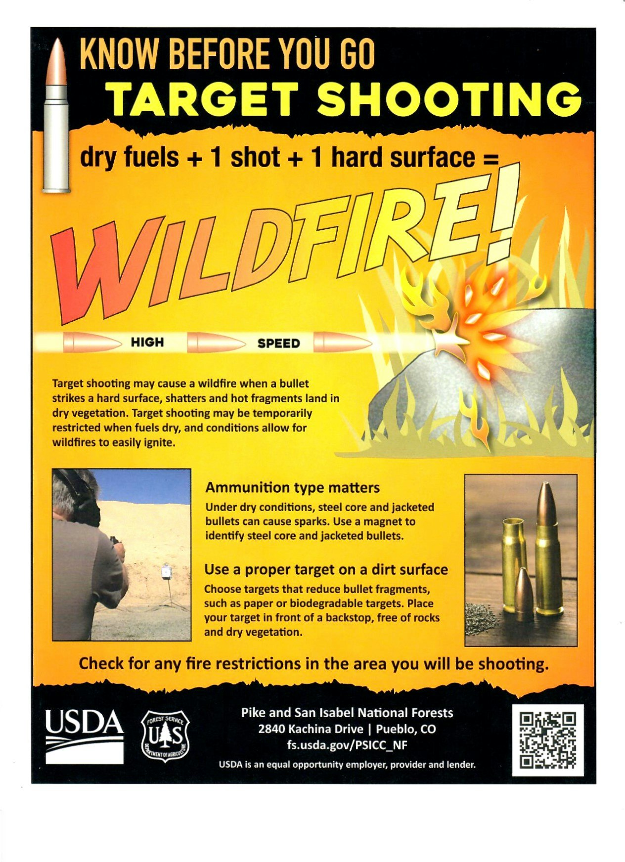 Warning about wildfire risk from target shooting. Highlights ammunition type, target surface, and fire restrictions. USDA and Forest Service info.