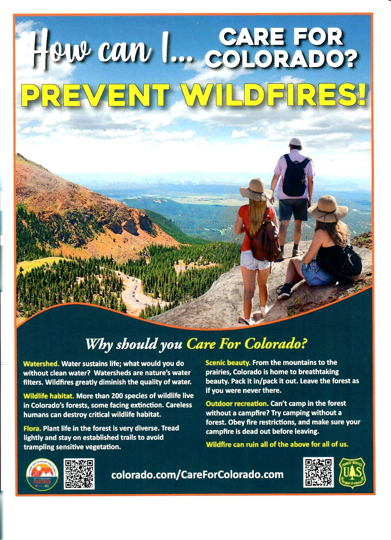 Poster urging wildfire prevention in Colorado, highlighting watershed, wildlife habitat, scenic beauty, and outdoor recreation preservation.
