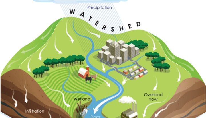 Diagram of a watershed showing precipitation, infiltration, overland flow, wetlands, river, buildings, farm, dam, and landscape features.