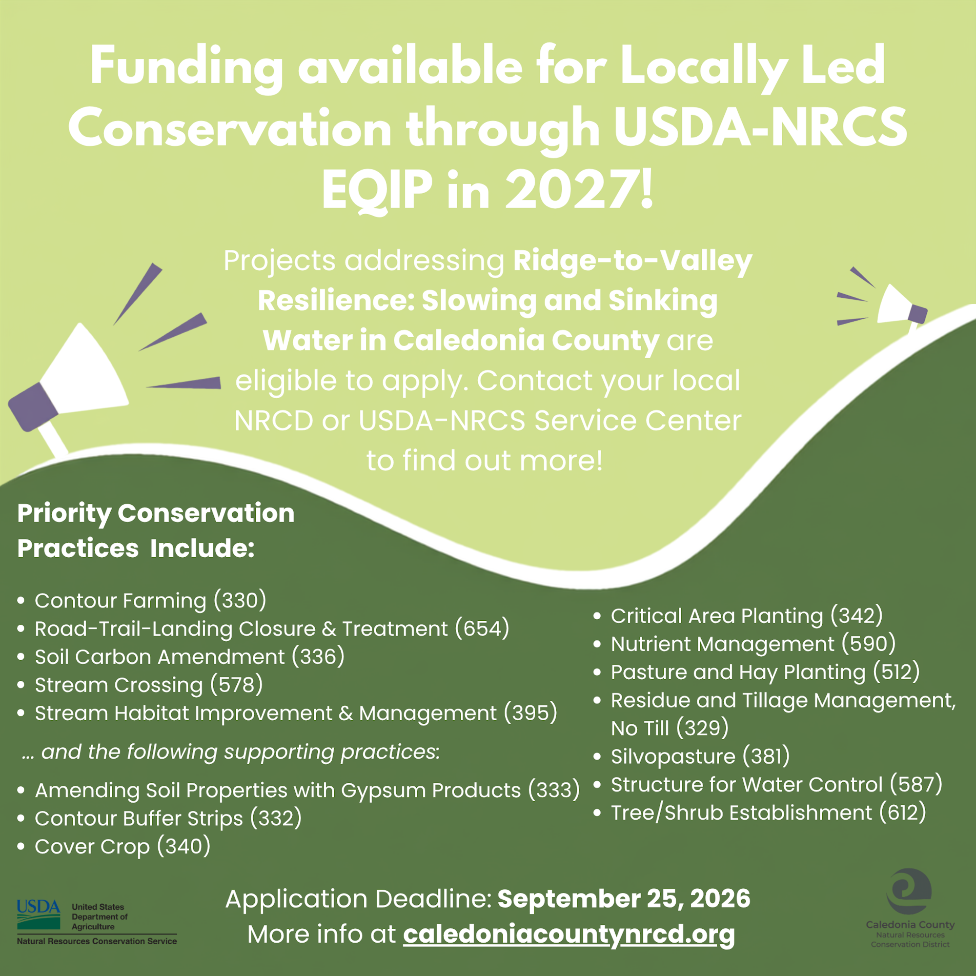 Funding available for conservation projects in Caledonia County through USDA-NRCS EQIP 2027. Apply by September 25, 2026.