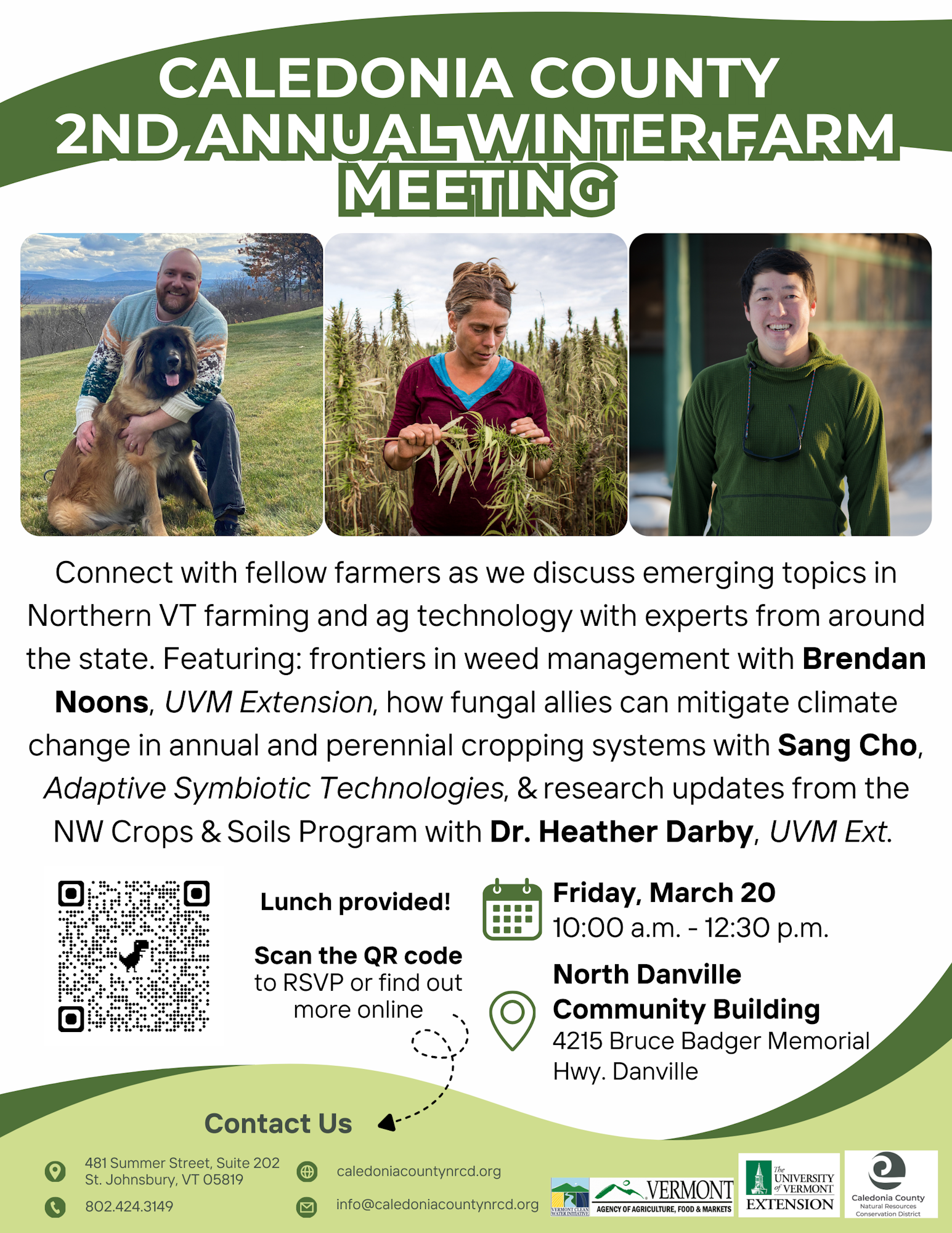 Caledonia County's 2nd Annual Winter Farm Meeting on March 20, discussing farming topics with experts. Lunch included!
