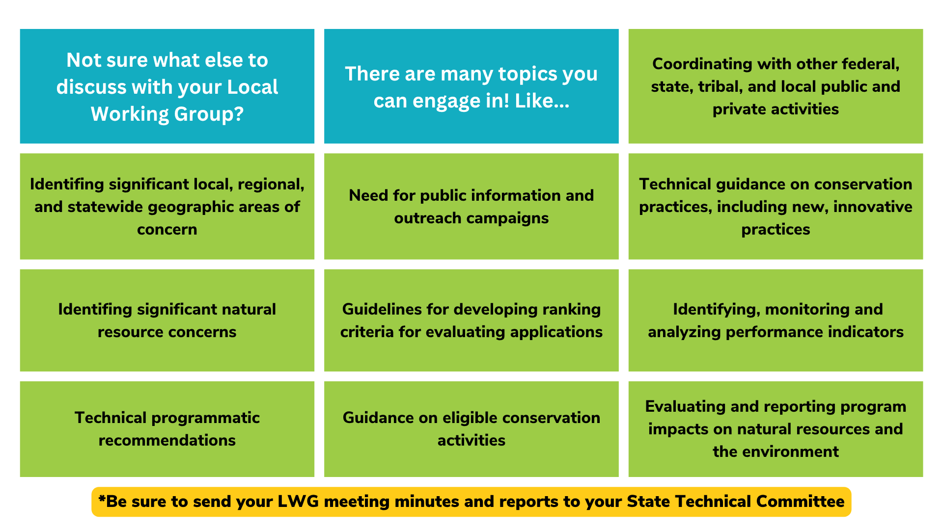 Topics for Local Working Group discussions: geographic concerns, outreach, conservation practices, resource concerns, and program impacts.