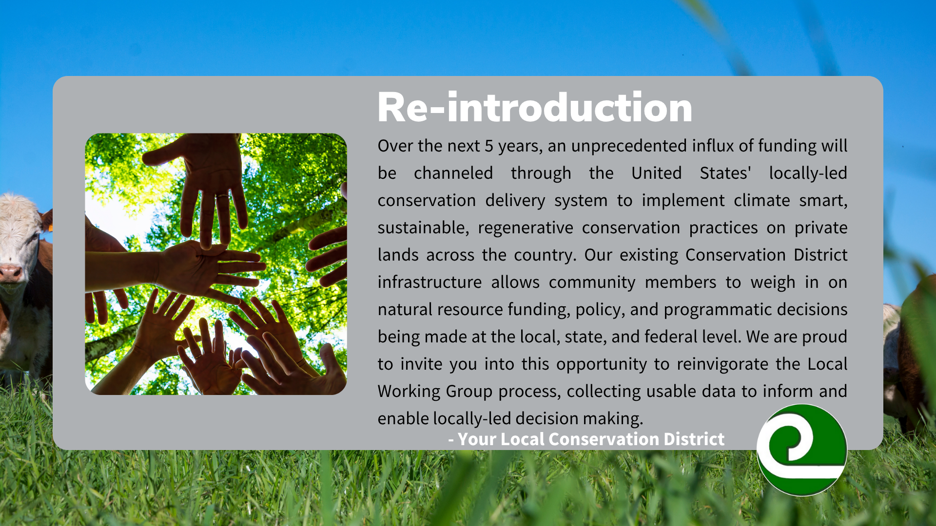 Hands reaching towards the sky with a message about conservation funding and community involvement over five years.