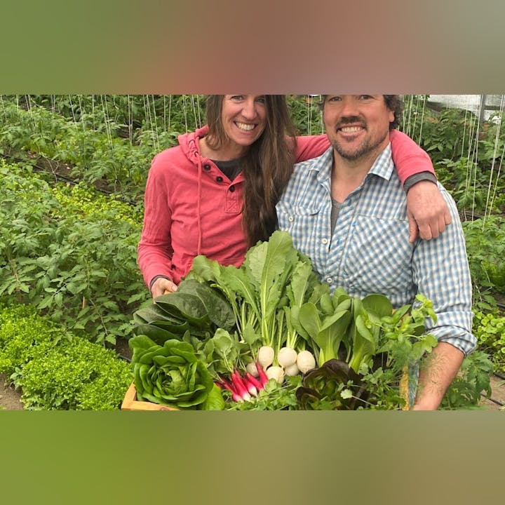 Two people smiling in a garden, holding a basket of fresh vegetables and greens.