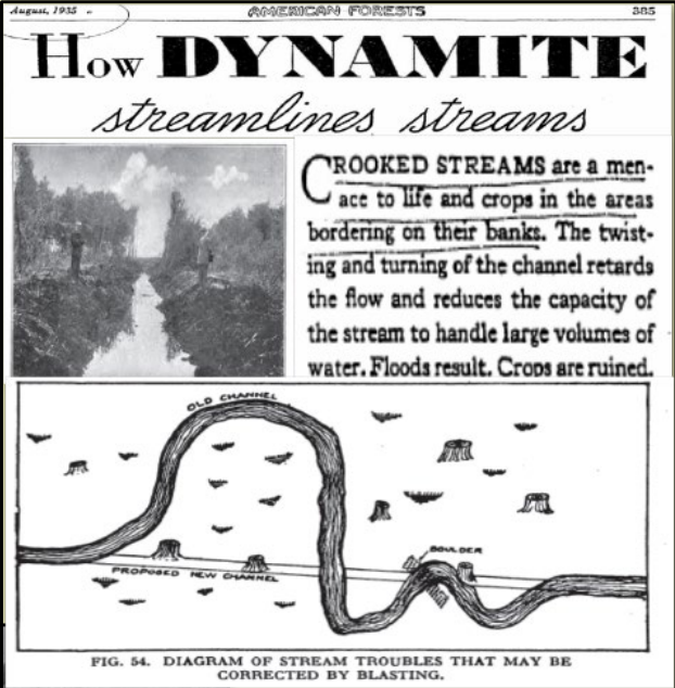 The image discusses how dynamite can be used to straighten crooked streams, improving water flow and reducing flooding risks.