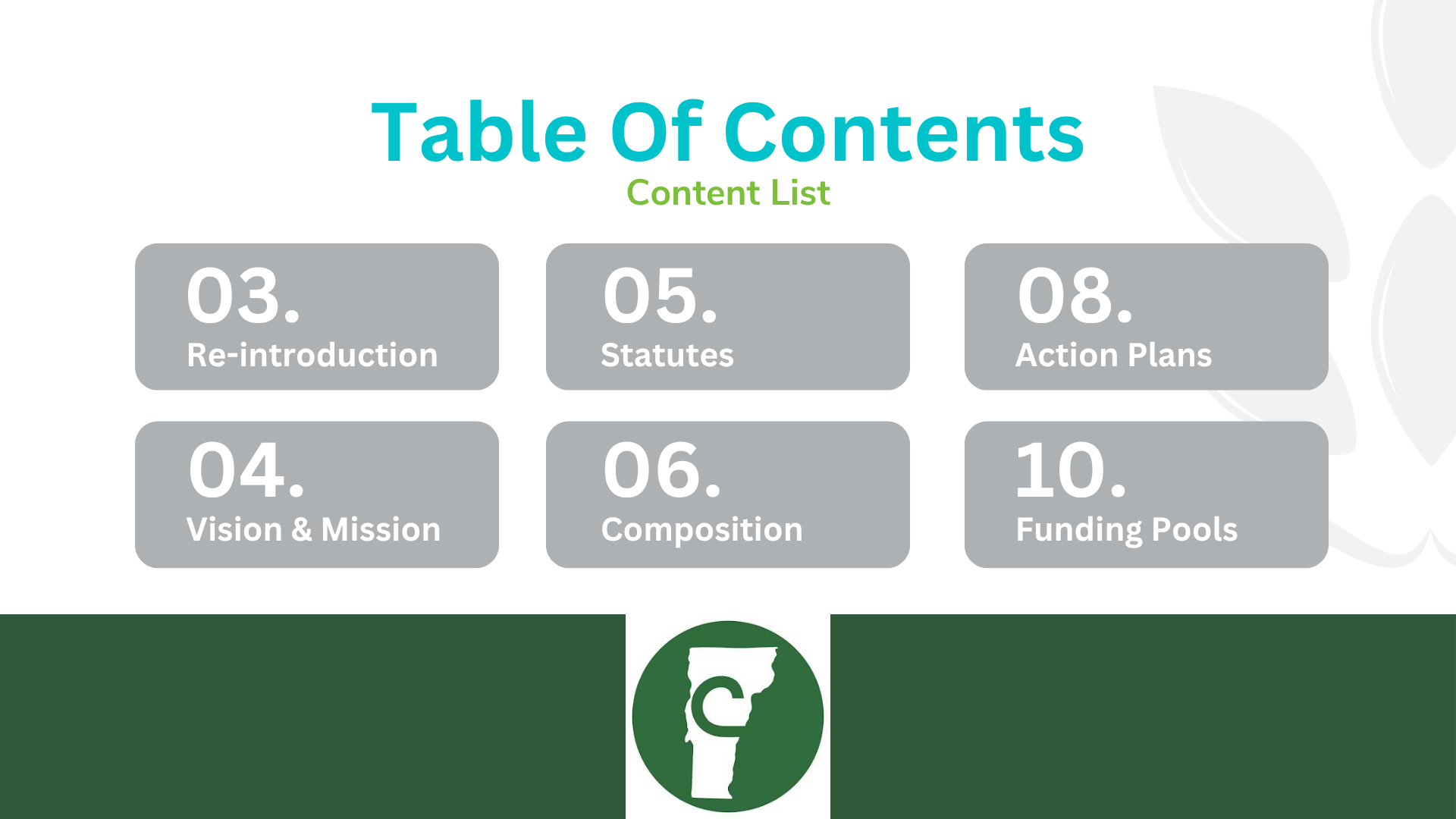 Table of Contents: Re-introduction, Vision & Mission, Statutes, Composition, Action Plans, Funding Pools.