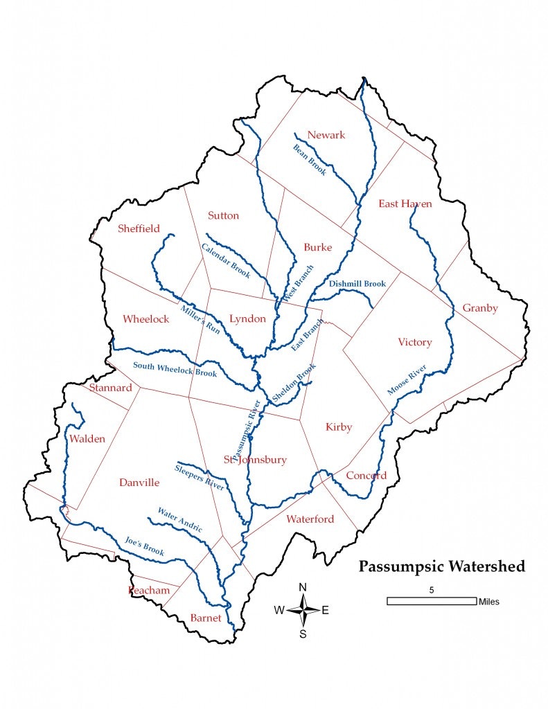 Map of the Passumpsic Watershed showing towns and rivers, with a compass rose and scale in miles.
