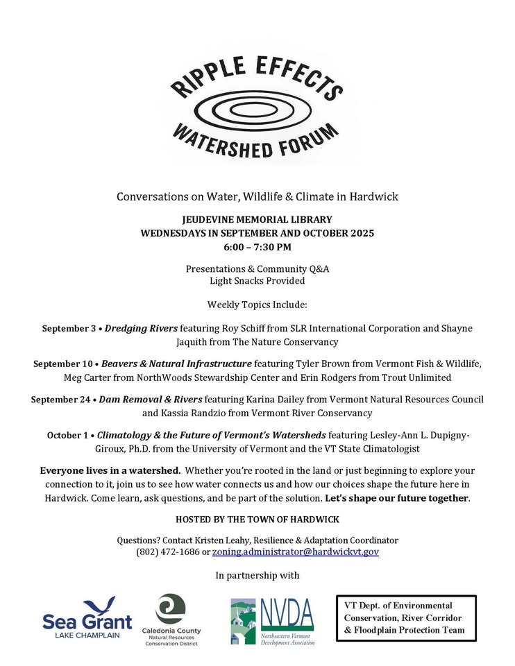Event poster for Ripple Effects Watershed Forum, discussing water, wildlife, and climate at Jeudevine Memorial Library in 2025.