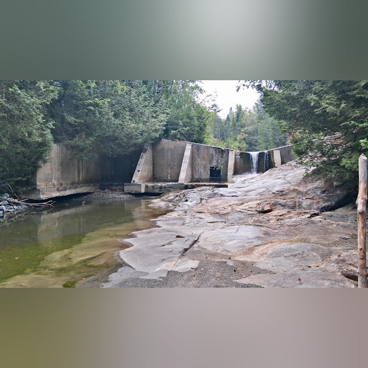 Concrete dam with water flowing over rocks, surrounded by forest.
