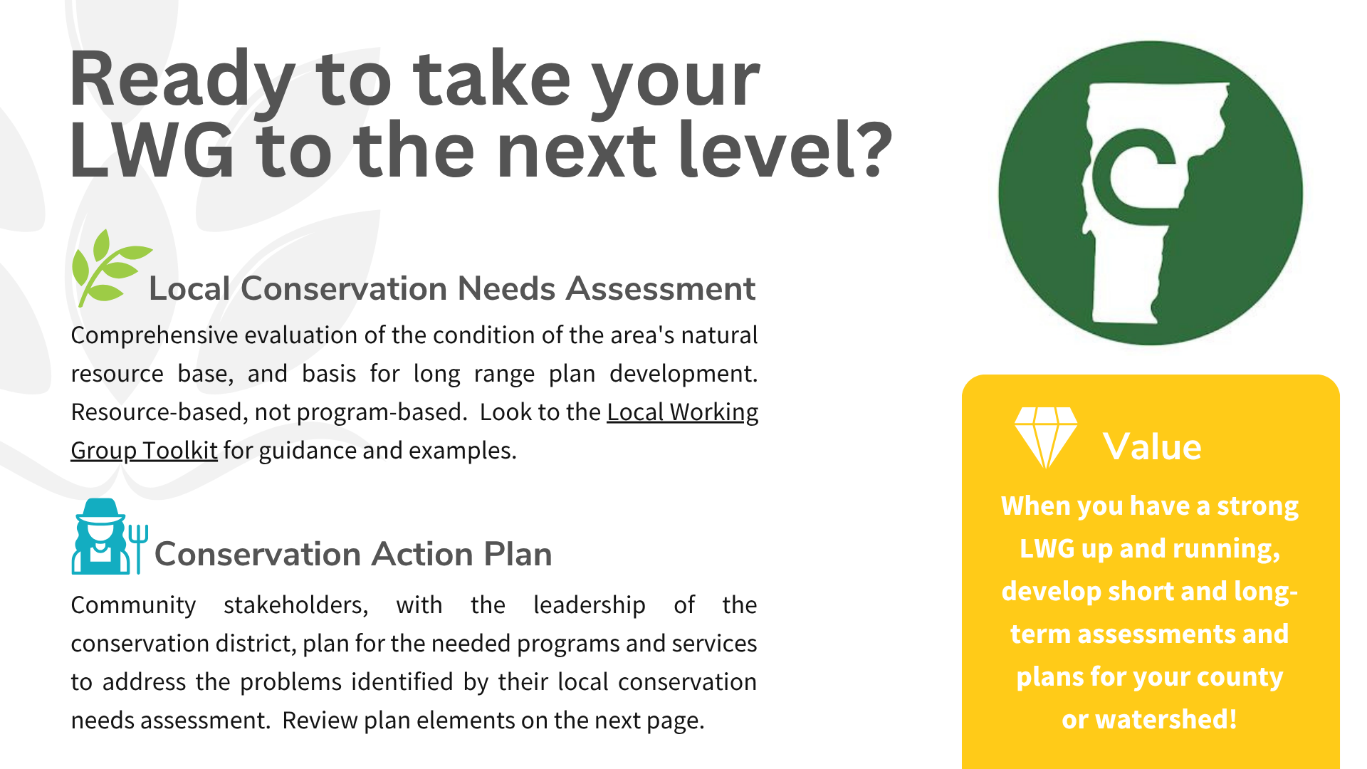 Image about elevating Local Working Groups (LWG) with assessments and action plans, focusing on conservation and community involvement.