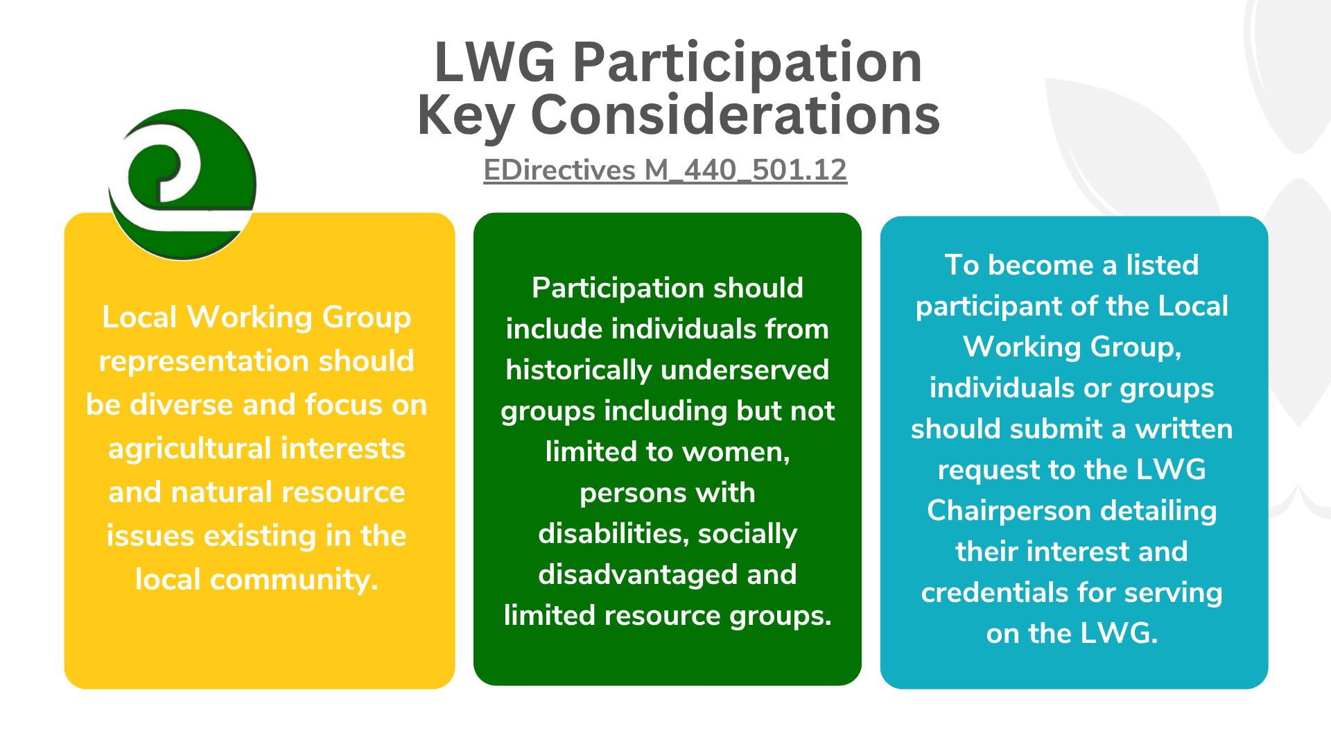 LWG Participation emphasizes diversity, including underserved groups, and requires written requests to join.