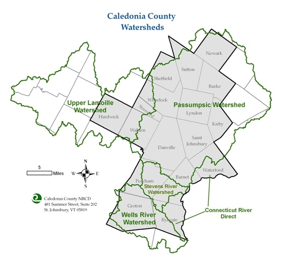 Map of Caledonia County watersheds: Upper Lamoille, Passumpsic, Stevens River, Wells River, and Connecticut River Direct.