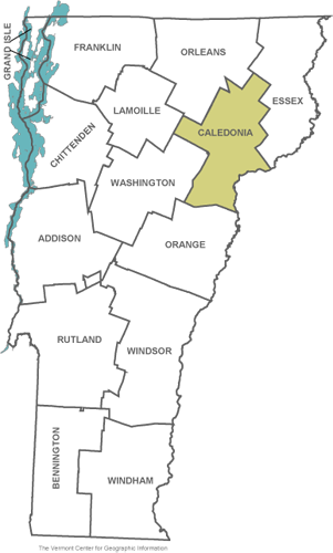 Map of Vermont highlighting Caledonia County in yellow with adjacent counties labeled.
