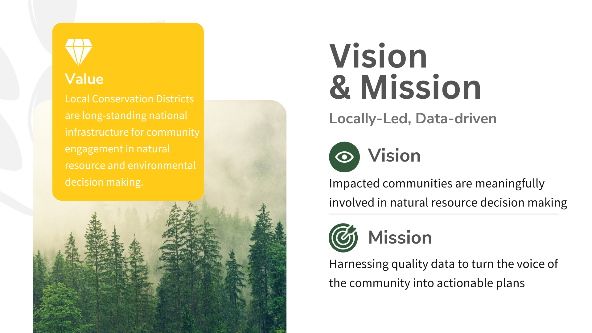 Vision and mission focused on community involvement in natural resource decision-making, supported by data-driven actions.