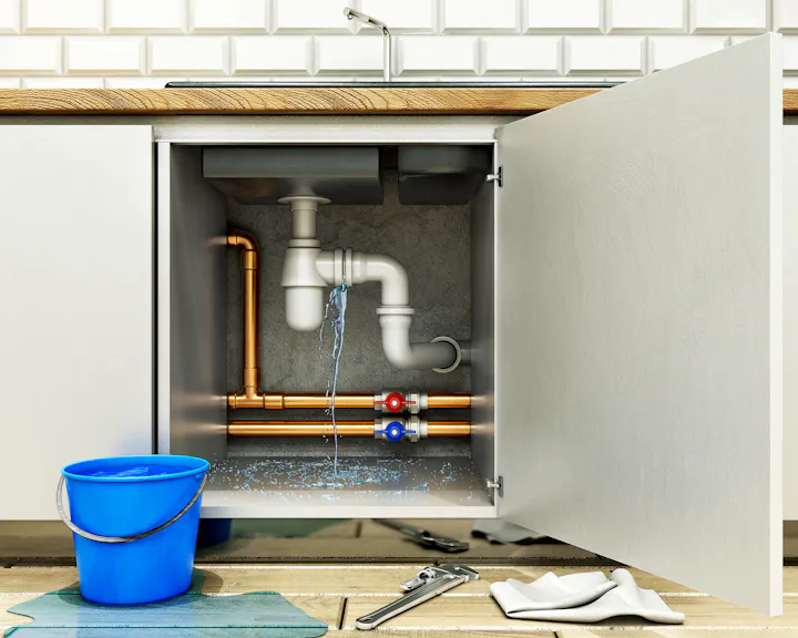A kitchen sink cabinet with pipes, a leaking joint, a blue bucket, a wrench, and a towel on the floor.