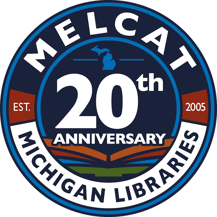 MelCat 20th Anniversary logo, established 2005, featuring Michigan Libraries and a book design.
