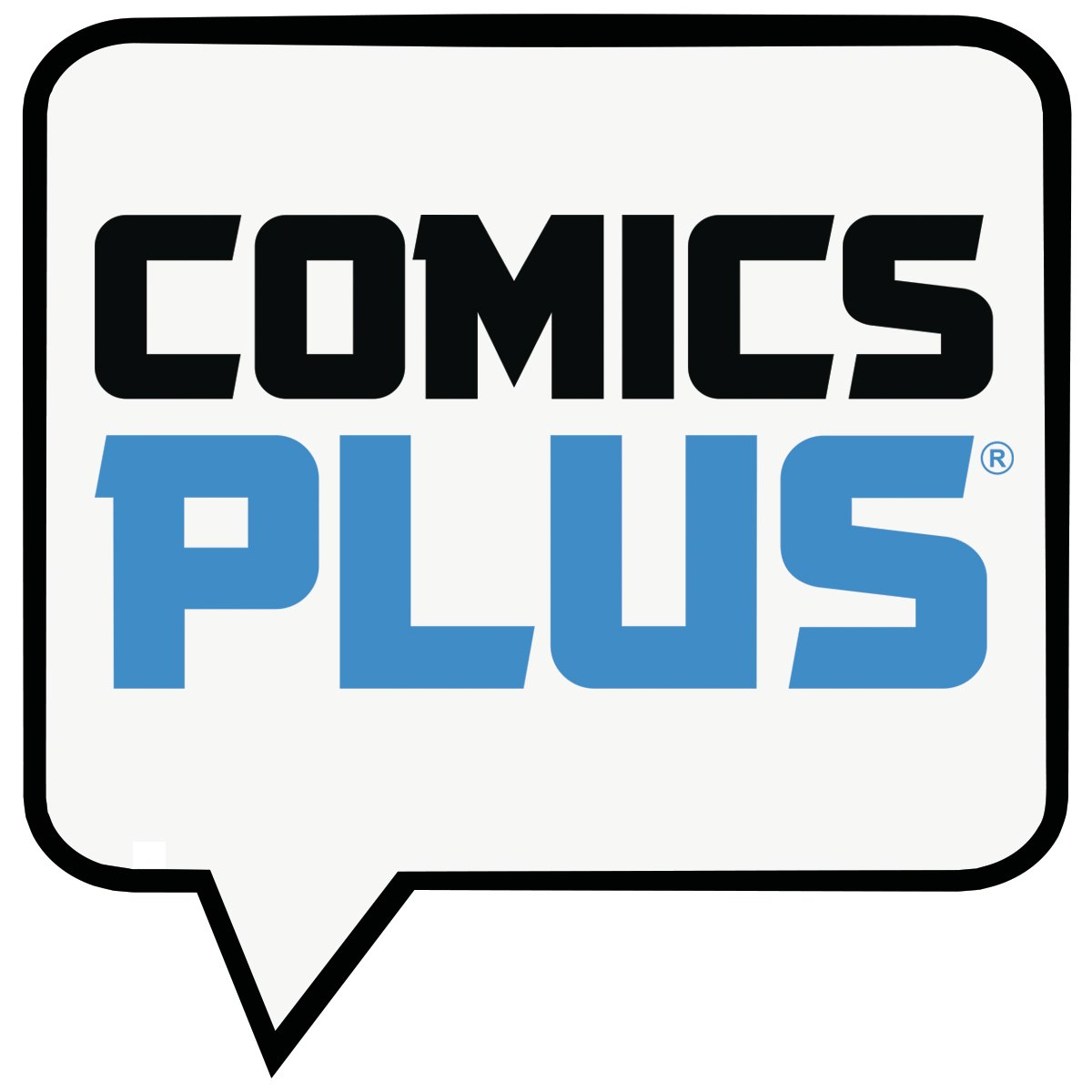 Logo with the words "Comics Plus" inside a speech bubble.
