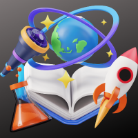 Open book with planets, rocket, telescope, beaker, and stars, representing science and exploration themes.