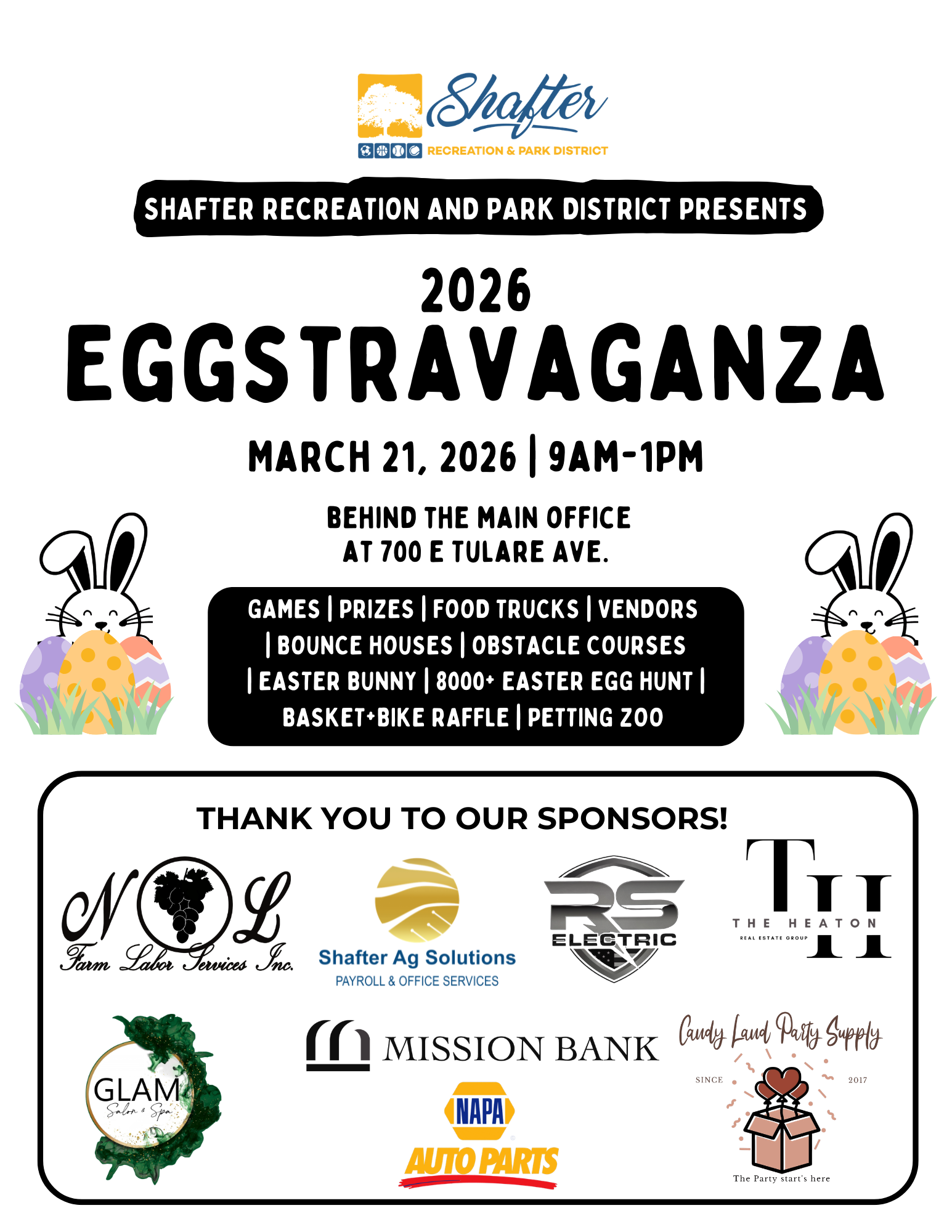 The Shafter Eggstravaganza on March 21, 2026, features games, food, vendors, and an egg hunt at 700 E Tulare Ave, 9 AM-1 PM.
