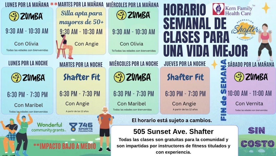 Schedule of free fitness classes in Shafter, including Zumba and Shafter Fit, held at various times throughout the week.