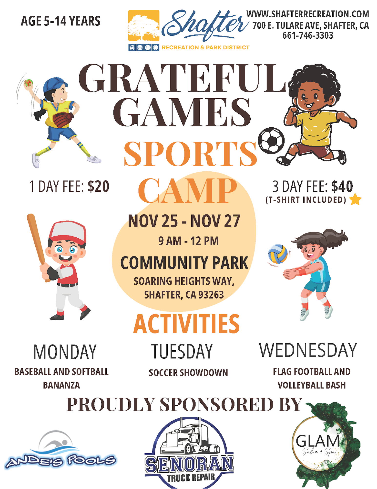 A colorful flyer for a "Grateful Games Sports Camp" with dates, activities, and cartoon children playing various sports.