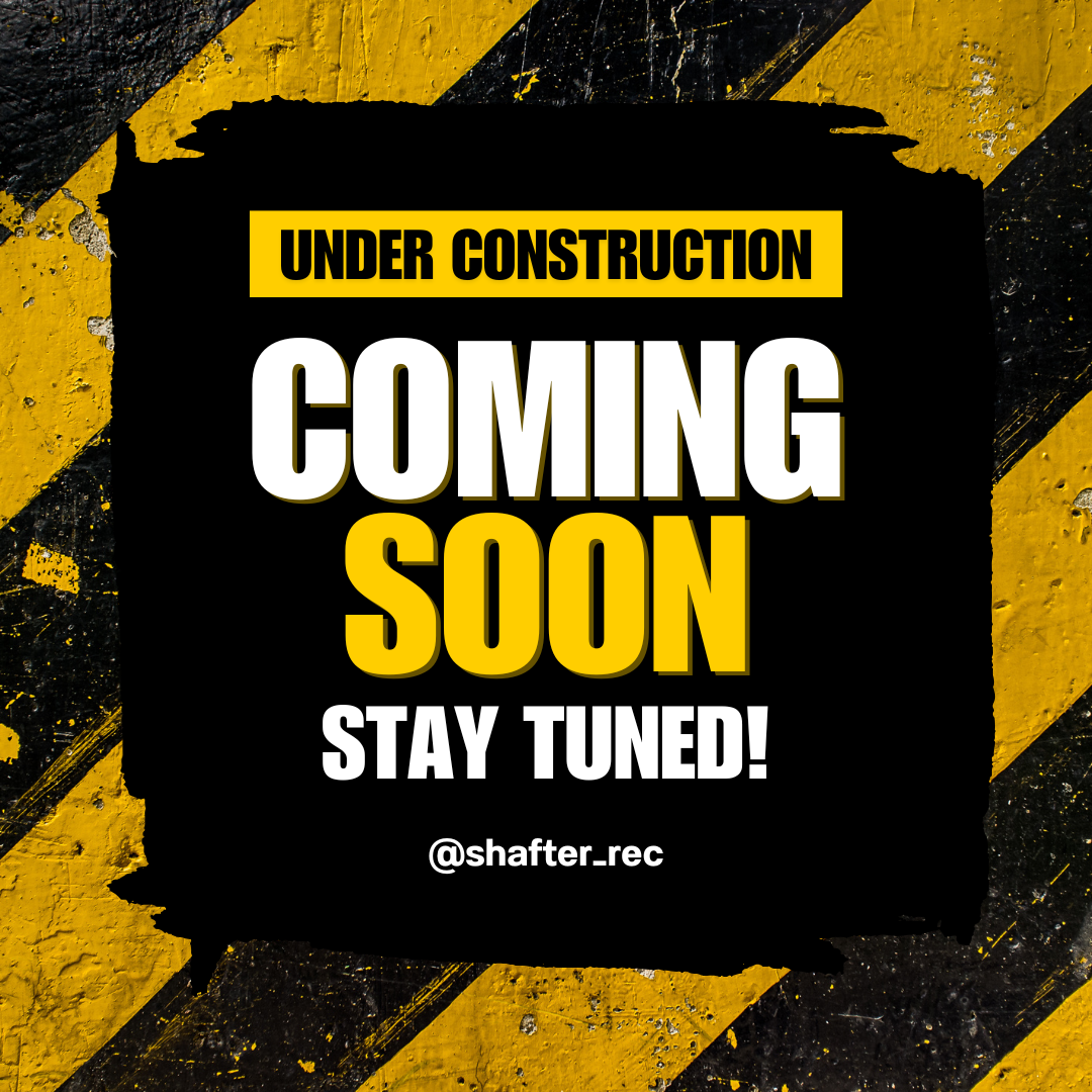 Under Construction. Coming soon. Stay tuned! Background: yellow/black stripes.