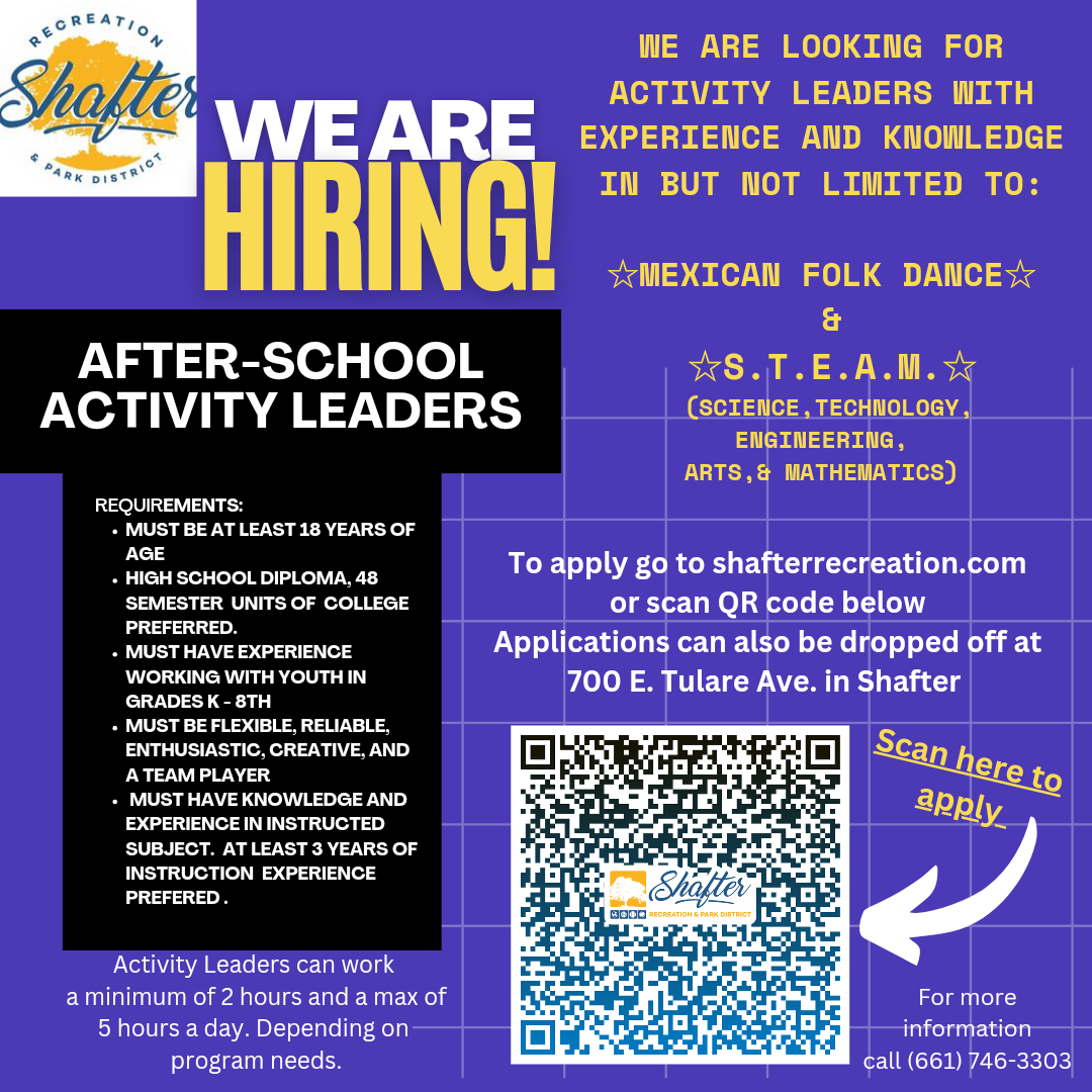 Job ad for After-School Activity Leaders with experience in Mexican Folk Dance & STEAM subjects. QR code for applying online included.