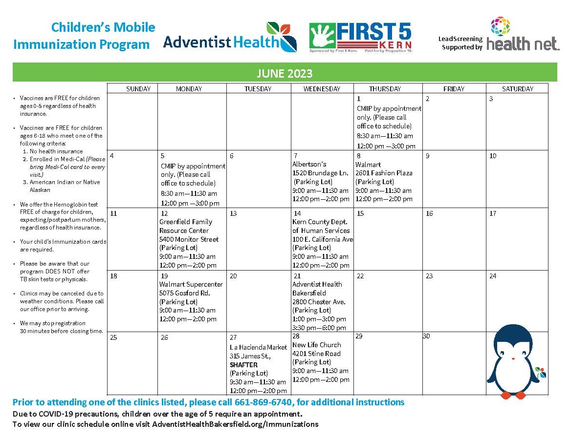 A schedule for a children's mobile immunization program offering free vaccinations and locations in June 2023.