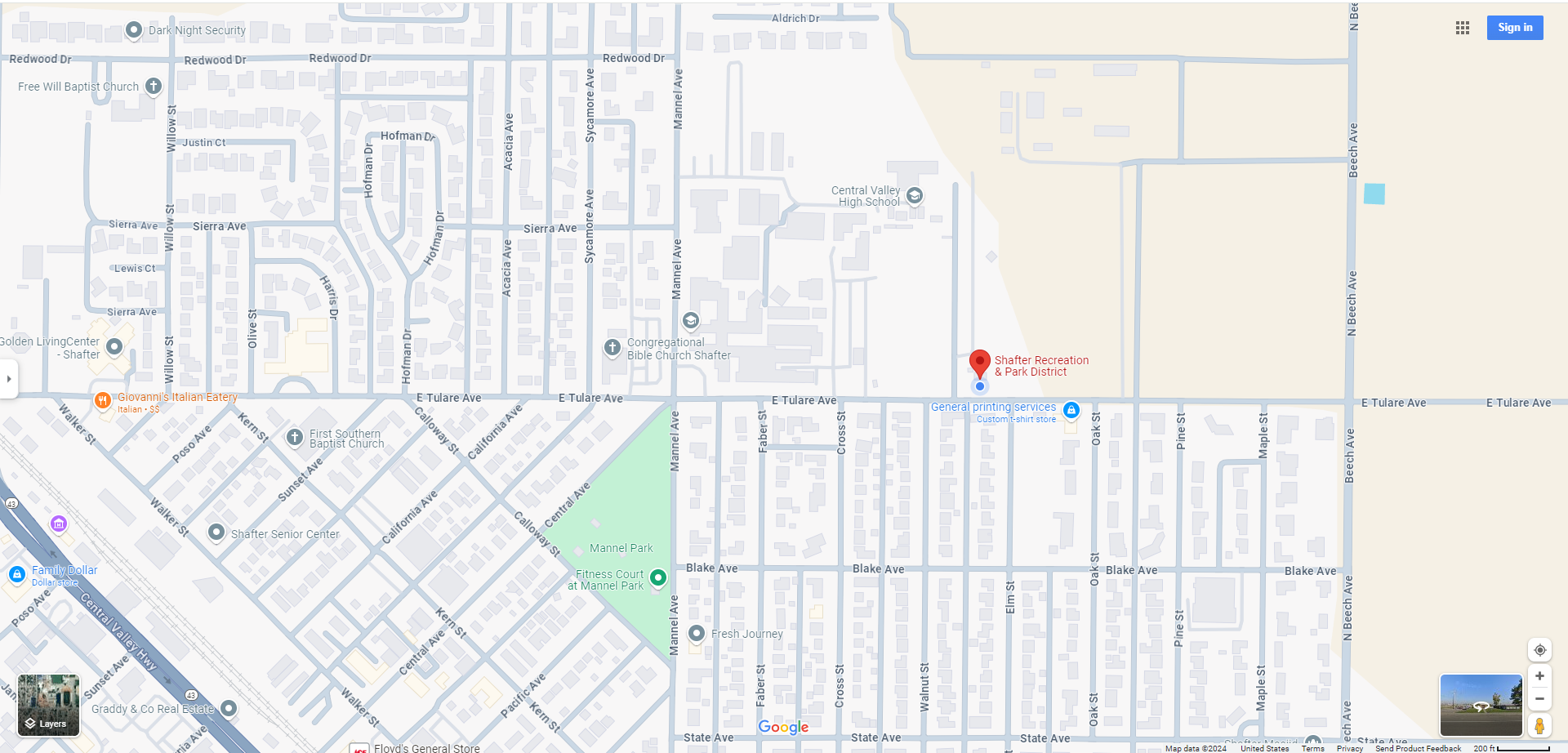 A map showing streets, the Shafter Recreation & Park District, and other locations.