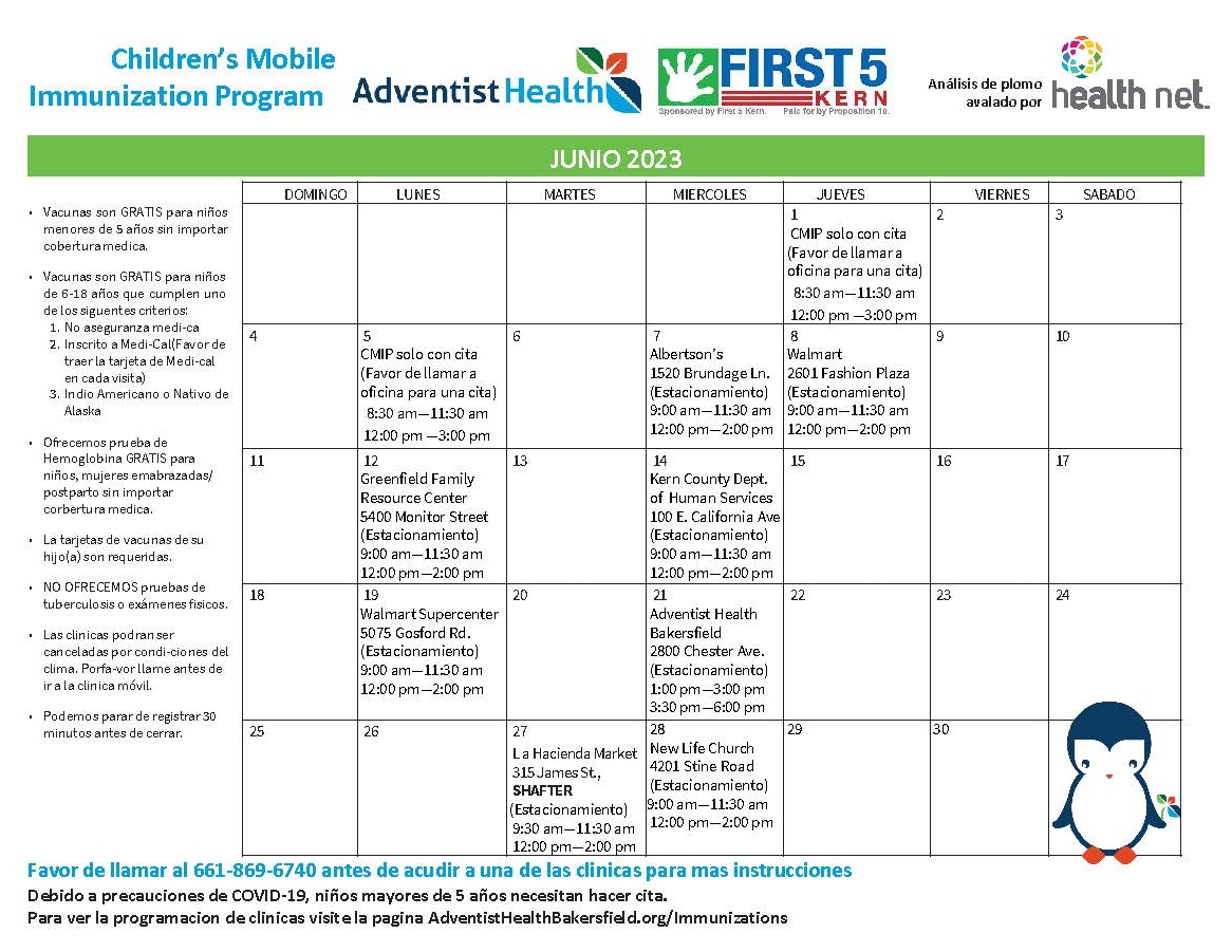 The image is a June 2023 schedule for a children's mobile immunization program, detailing locations and times for free vaccinations.