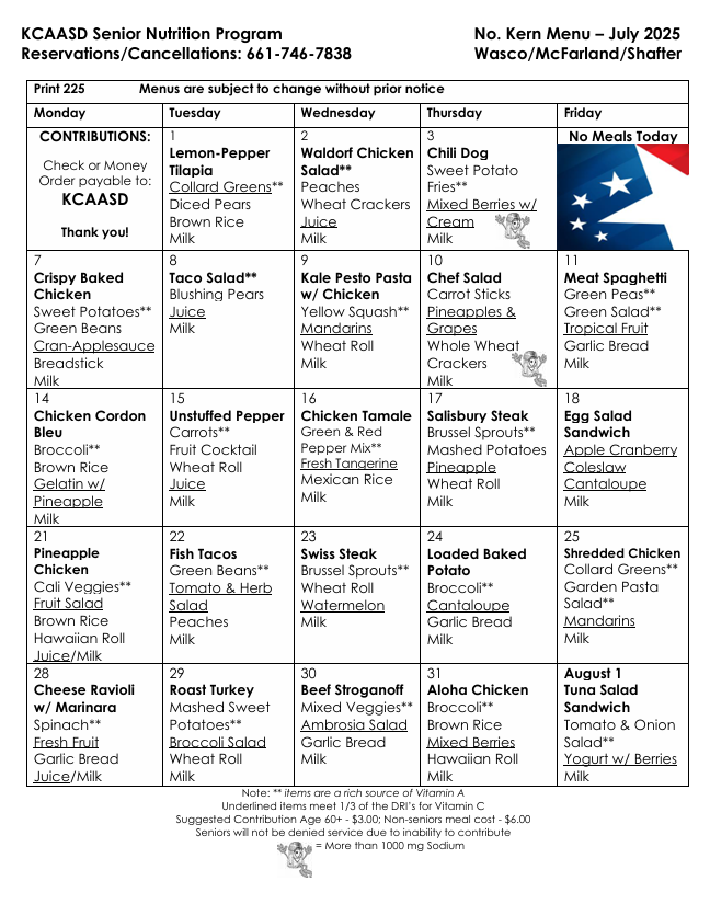 Senior Nutrition Program menu for July 2025, featuring a variety of meals like Lemon-Pepper Tilapia and Chili Dog.