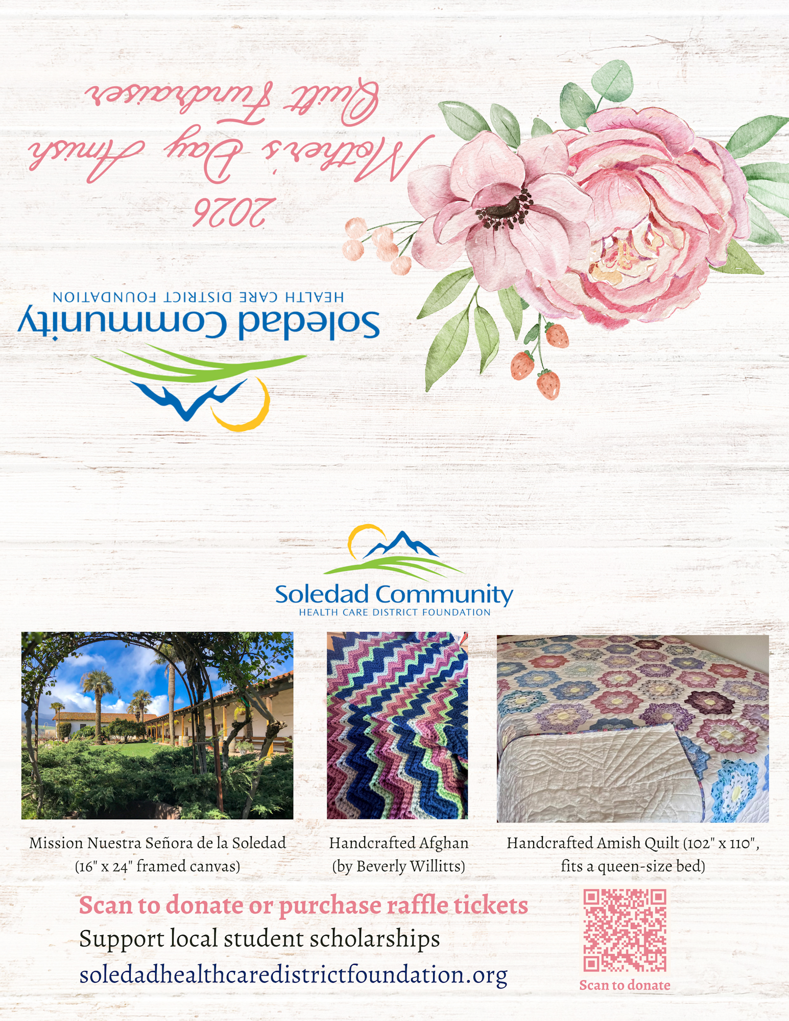 Letter from Foundation Board President Jo Ann Moline about the 2026 Mother’s Day Amish Quilt Fundraiser, explaining that proceeds support local student scholarships, describing the raffle items, sharing community impact, and providing ticket pricing, donation details, and drawing information.