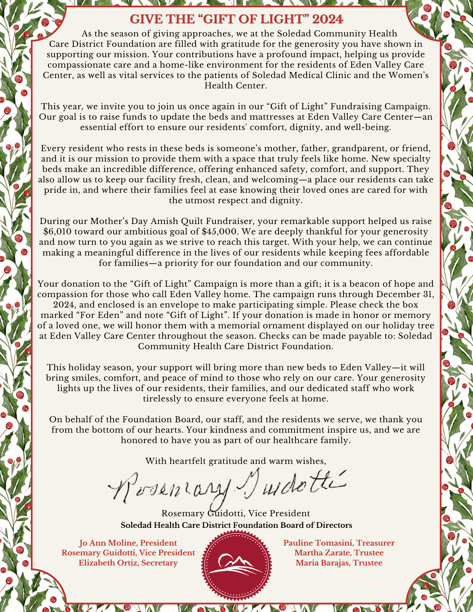 A fundraising letter from Soledad Community Health Care District Foundation for the "Gift of Light" 2024 campaign to support care center beds.
