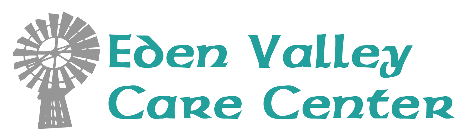 A logo for "Eden Valley Care Center" featuring stylized text and a windmill graphic.