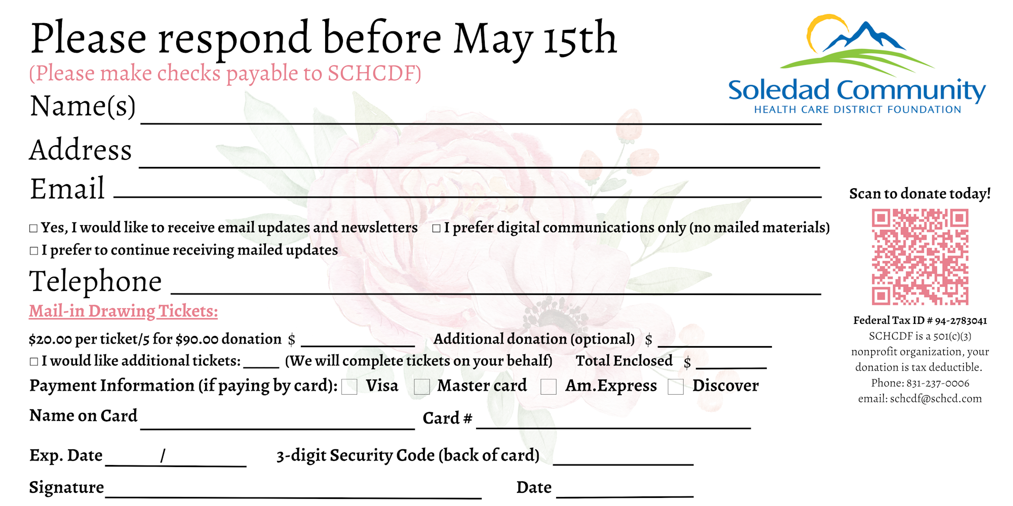 Mail-in response card for the Soledad Community Health Care District Foundation Mother’s Day Quilt Fundraiser, including fields for name, address, contact information, ticket purchase quantities, optional donation, payment details, and communication preferences, with a QR code for online donations and a May 15 response deadline.