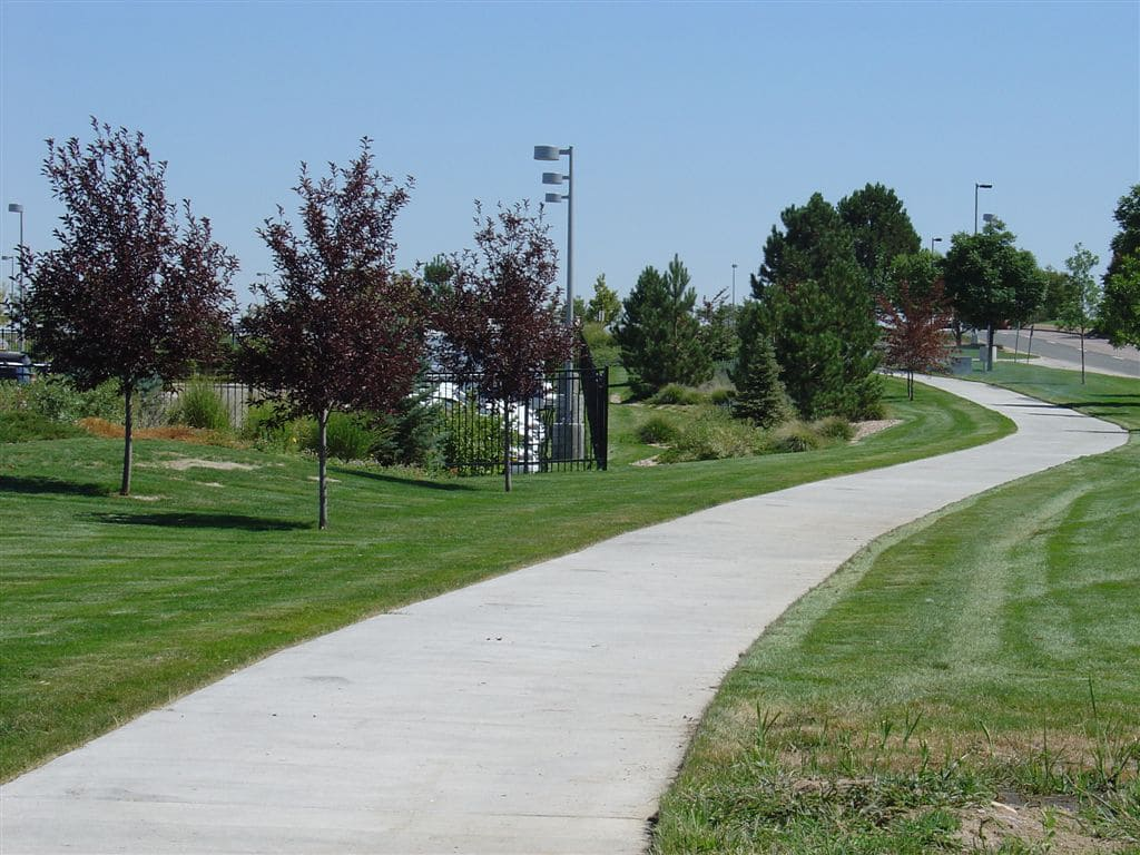 A curved pathway through a park with green grass, trees, and clear blue skies.