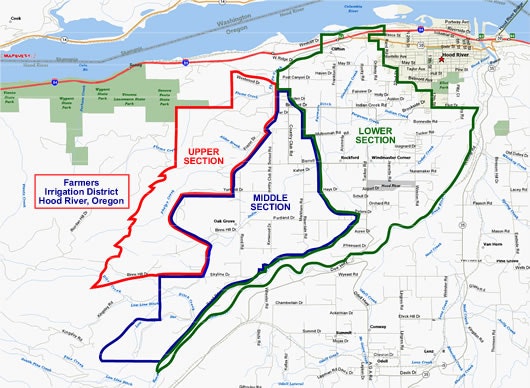 Map of the Farmers Irrigation District in Hood River, Oregon, showing boundaries of Upper, Middle, and Lower Sections marked in different colors.