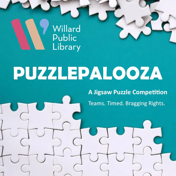 A promotional image for "PUZZLEPALOOZA," a timed jigsaw puzzle competition at Willard Public Library. Teams compete for bragging rights.
