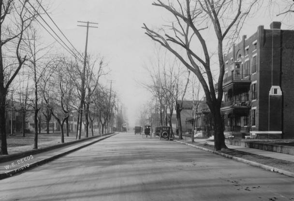 A vintage street scene with bare trees, early 20th-century cars, and buildings.