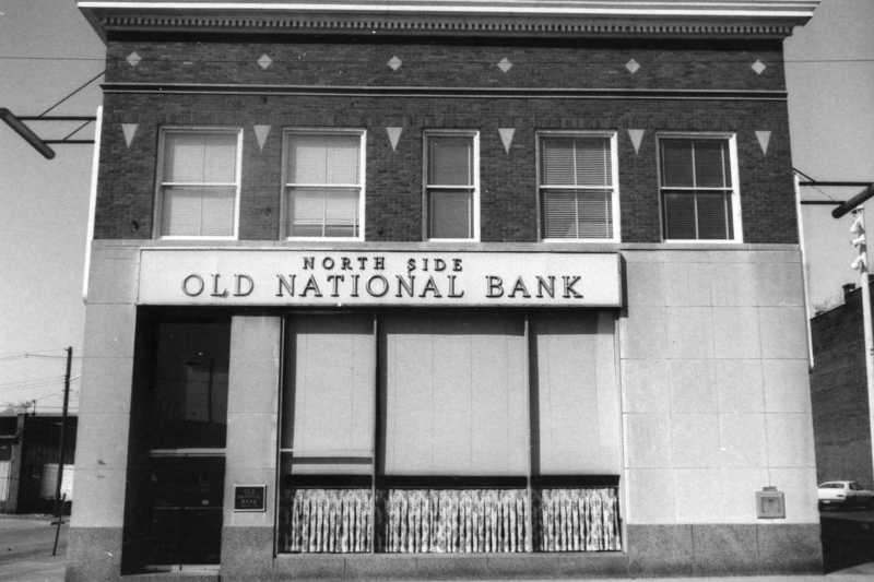 Black and white photo of the "North Side Old National Bank" building exterior.