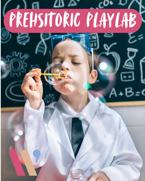 A child in a lab coat and safety goggles is blowing bubbles, with a playful chalkboard backdrop labeled "Prehistoric Playlab."