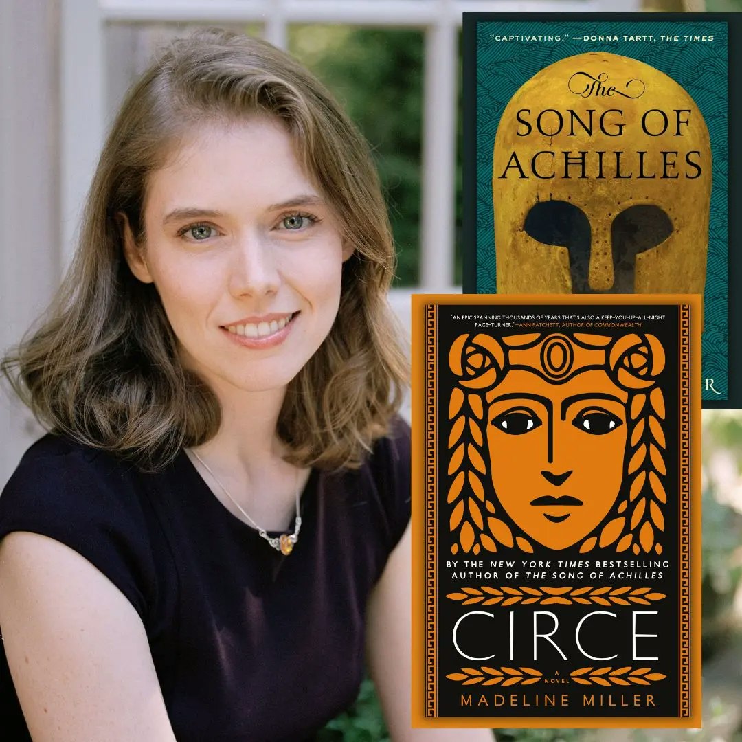 A woman and two book covers: "The Song of Achilles" and "Circe" by Madeline Miller.