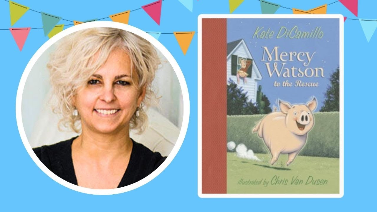 Photo of a smiling person and a book cover featuring the title "Mercy Watson to the Rescue" with a cartoon pig.